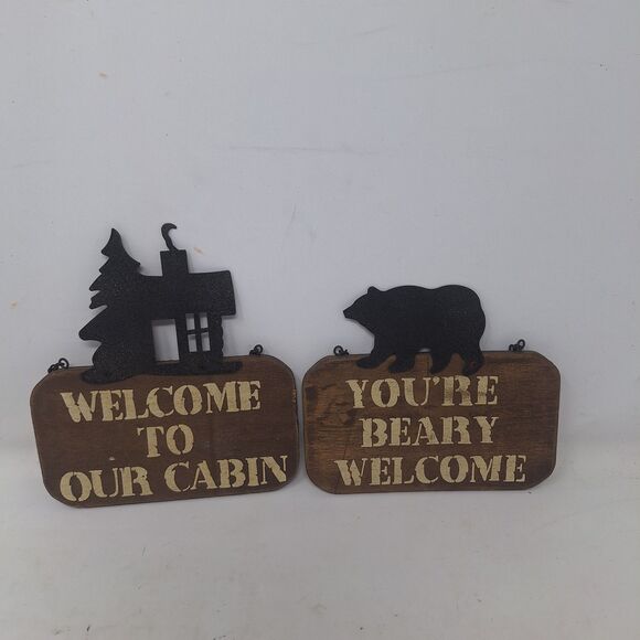 Rustic Wall Hanging Welcome Signs Cabin Bear Silhouette Wood Metal Set Of 2 - Picture 8 of 8